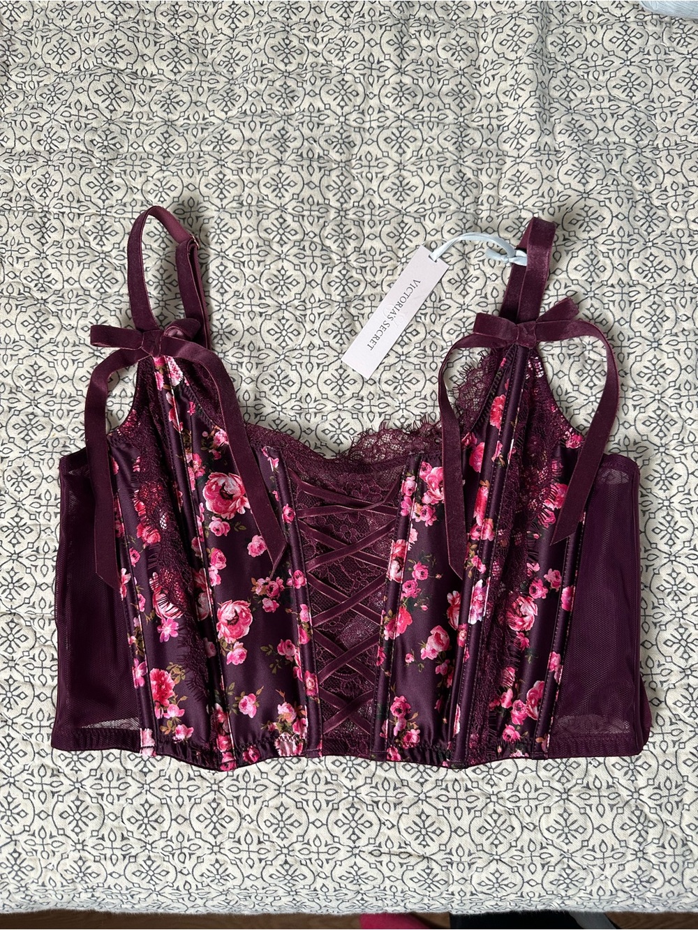 NWT Victoria's Secret Plum Floral Lace-Up Bustier Crop Top